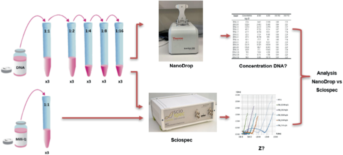 Experimental setup for DNA quantification using NanoDrop and Sciospec’s ISX-3 impedance analyzer.