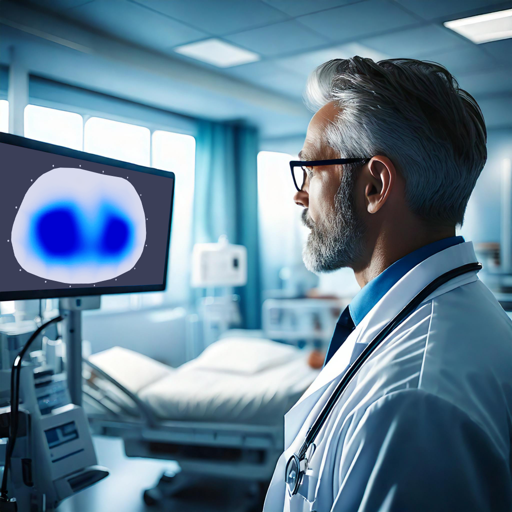 A doctor in a hospital setting examines a computer screen displaying an Electrical Impedance Tomography (EIT) scan, which shows a color-mapped image used for medical diagnostics.