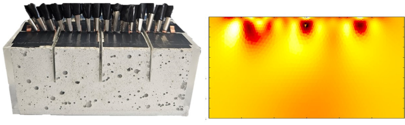 Non-destructive testing of a concrete specimen using Sciospec ISX-3 EIT, with electrode-based impedance measurements and a corresponding tomographic reconstruction highlighting internal structural variations.