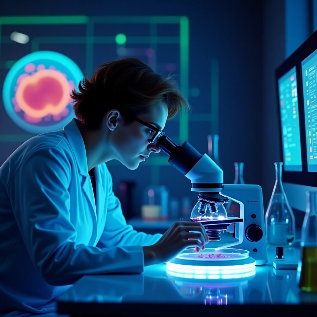 An EIT device performing an impedance-based diagnostic scan on a human hand, displaying real-time measurement data on a digital screen for cancer diagnostics