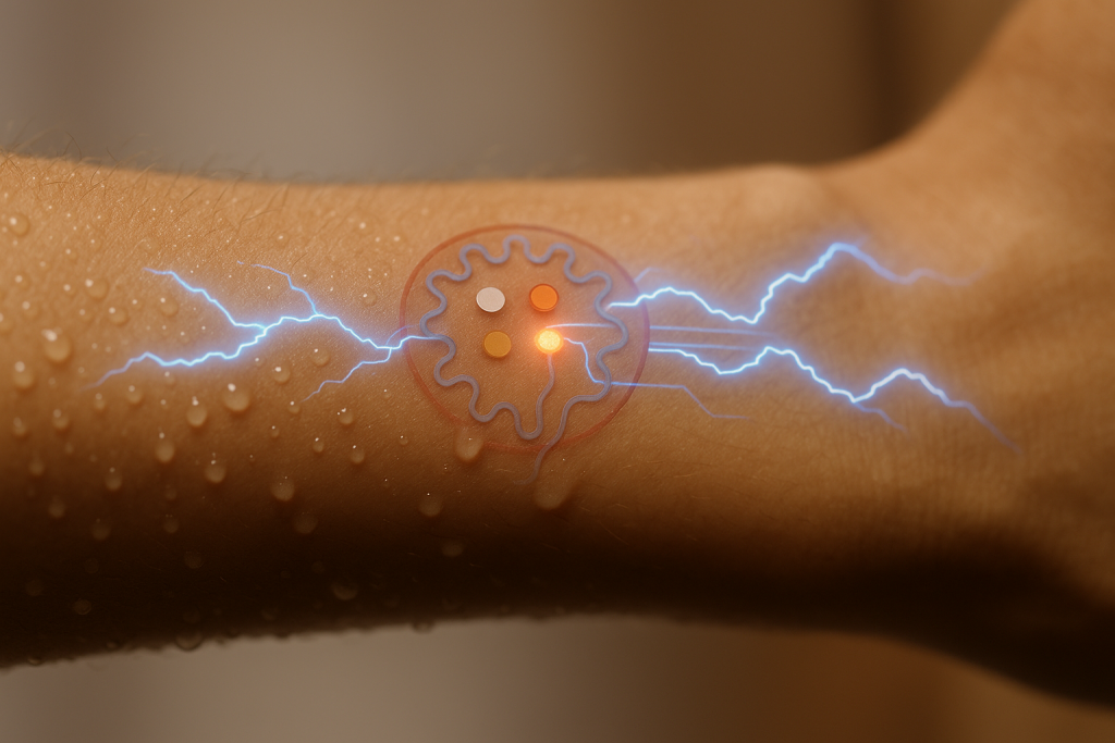 Close-up of a wearable microfluidic biosensor on a sweaty forearm, with glowing blue electrical currents illustrating data transmission for impedance-based sweat analysis. Remote Health Monitoring