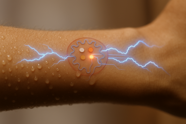 Close-up of a wearable microfluidic biosensor on a sweaty forearm, with glowing blue electrical currents illustrating data transmission for impedance-based sweat analysis.