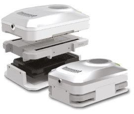 Overview of the Mimetas OrganoTEER hardware showing both assembled and exploded configurations.
